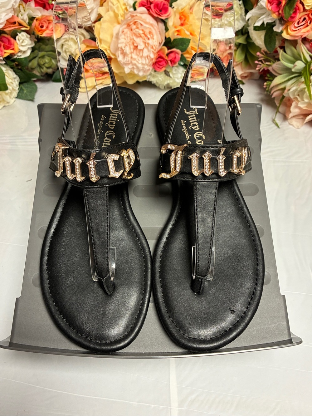 Juicy Couture Jamison Crystal Logo T-Strap Slingback Flat Sandals Black 7